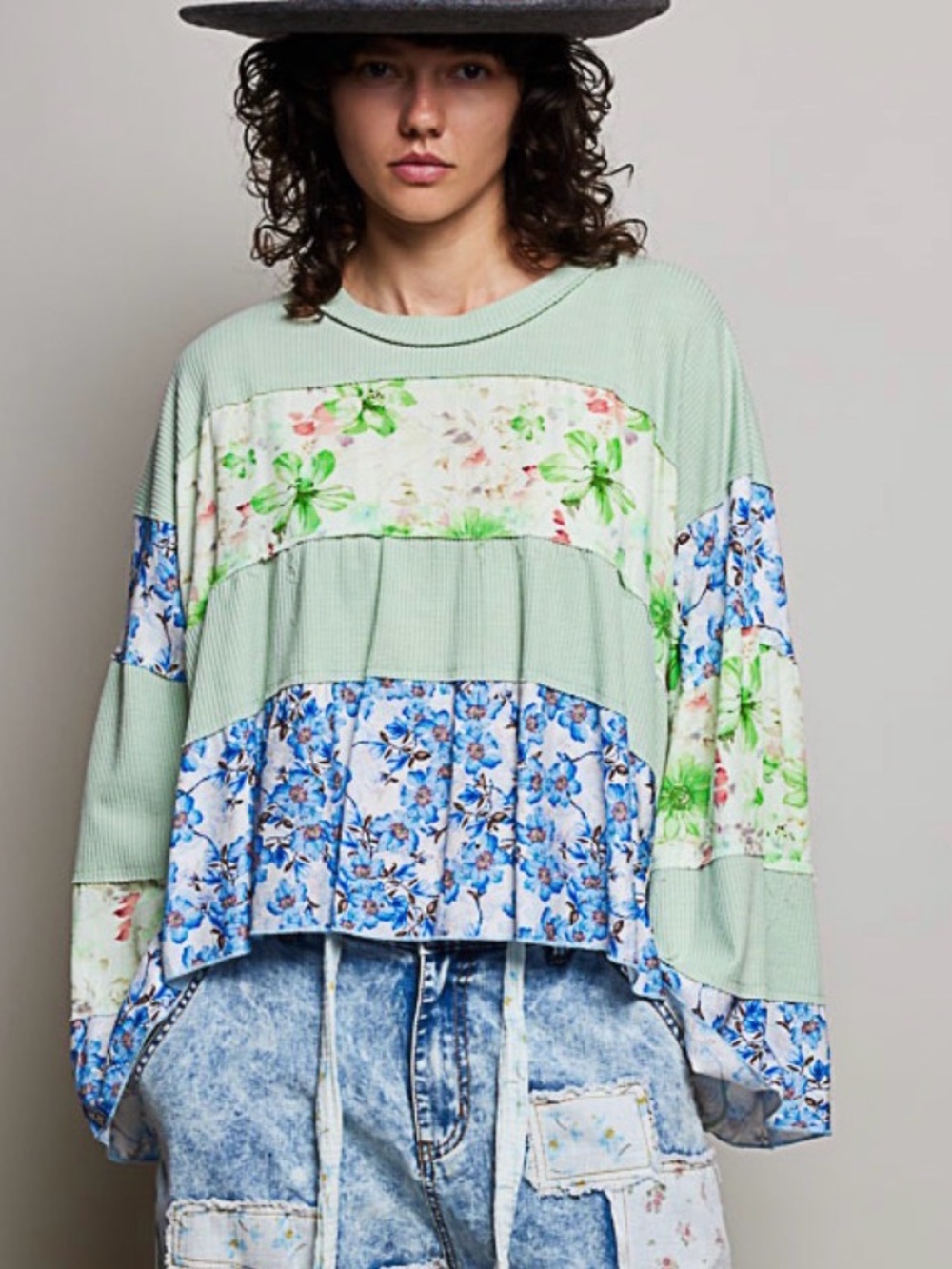 POL Relaxed Patchwork Floral Pullover Top - Mint Green